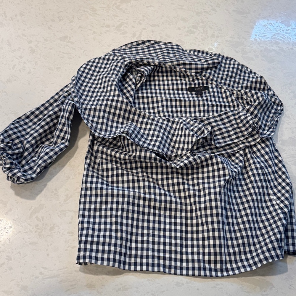 J. Crew Navy and White Gingham Shoulder Ruffle Top